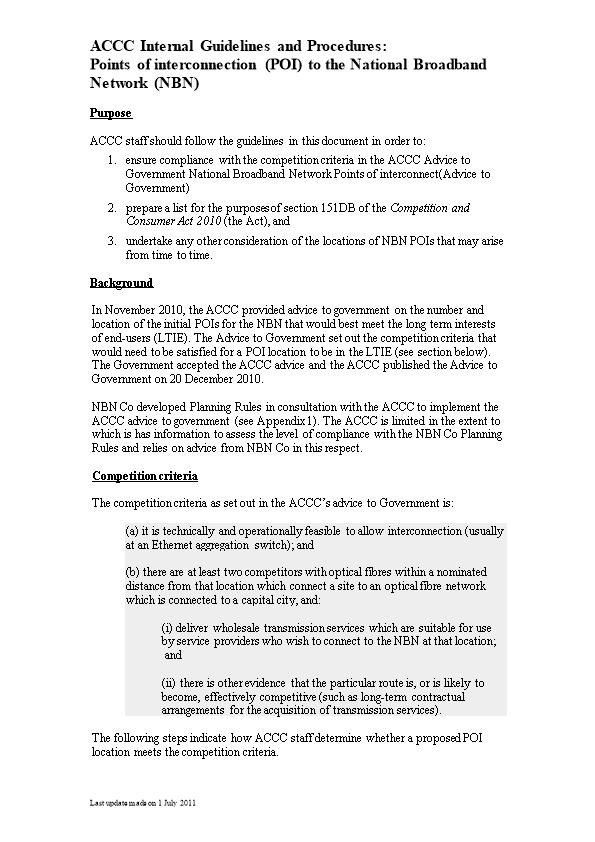 The Process for Which the ACCC Selects Points of Interconnection to the NBN Is Based On
