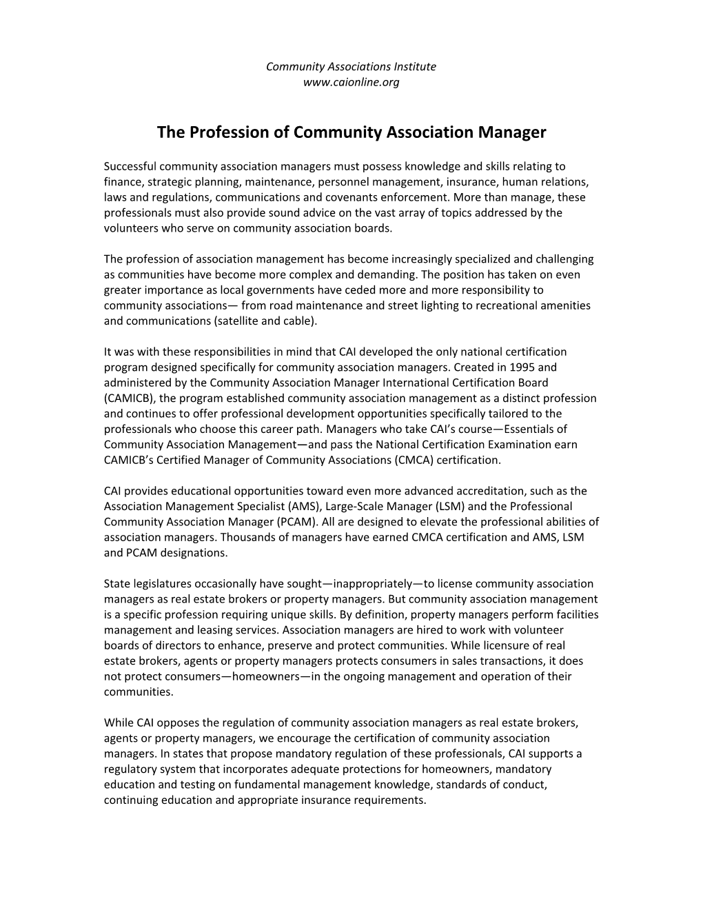 The Profession of Community Association Manager