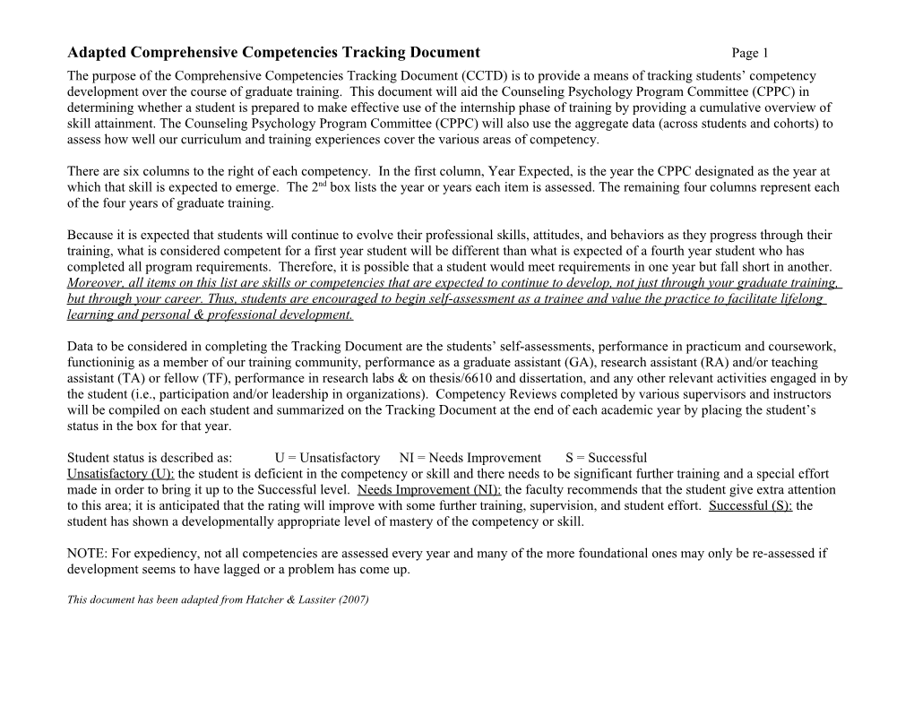 The Purpose of the Comprehensive Competencies Tracking Document (CCTD) Is to Provide A