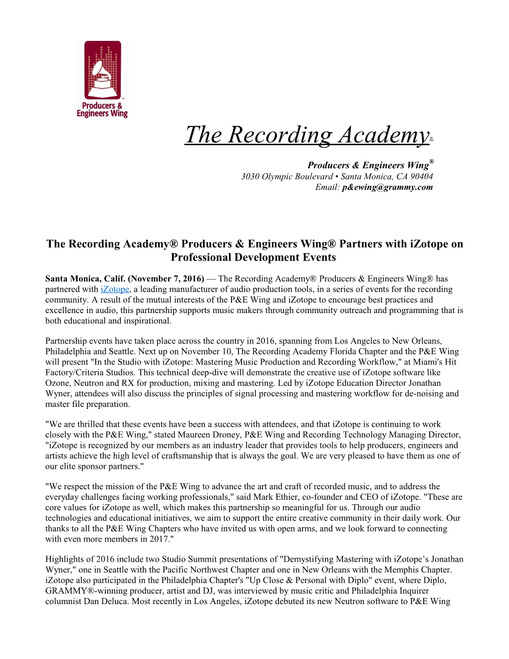 The Recording Academy Producers & Engineers Wing Partners with Izotope on Professional