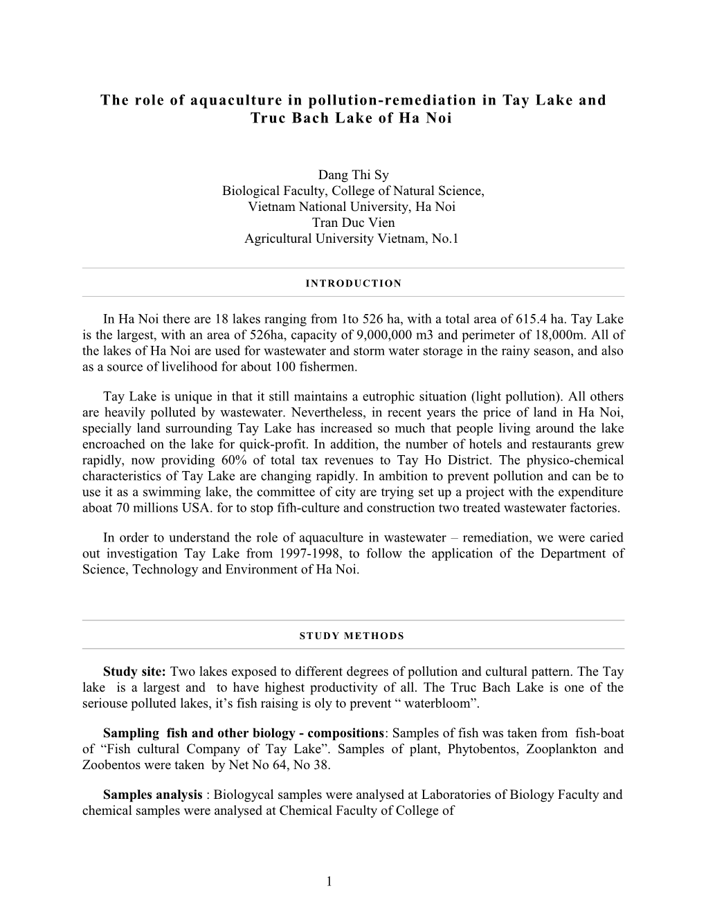 The Role of Aquaculture in Pollution-Remediation in Tay Lake and Truc Bach Lake of Ha Noi