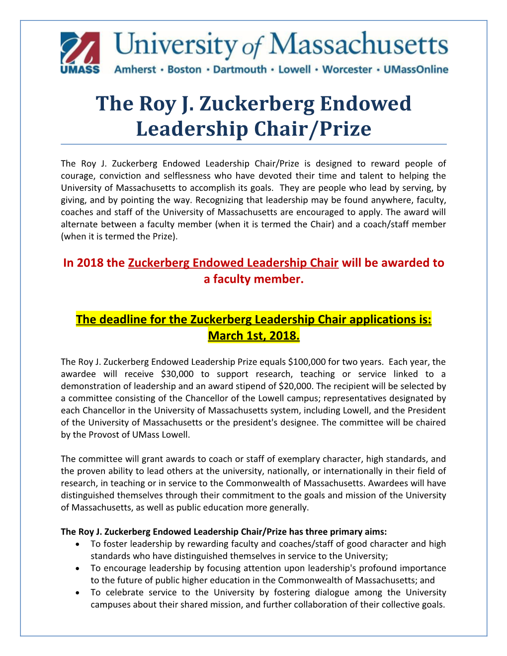 The Roy Zuckerberg Leadership Prize Application