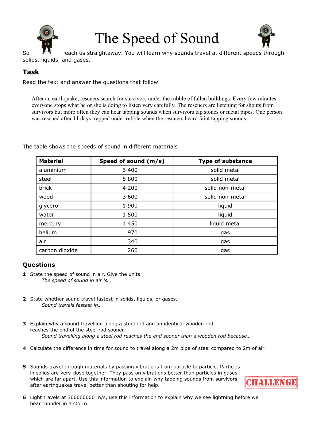The Table Shows the Speeds of Sound in Different Materials Docest