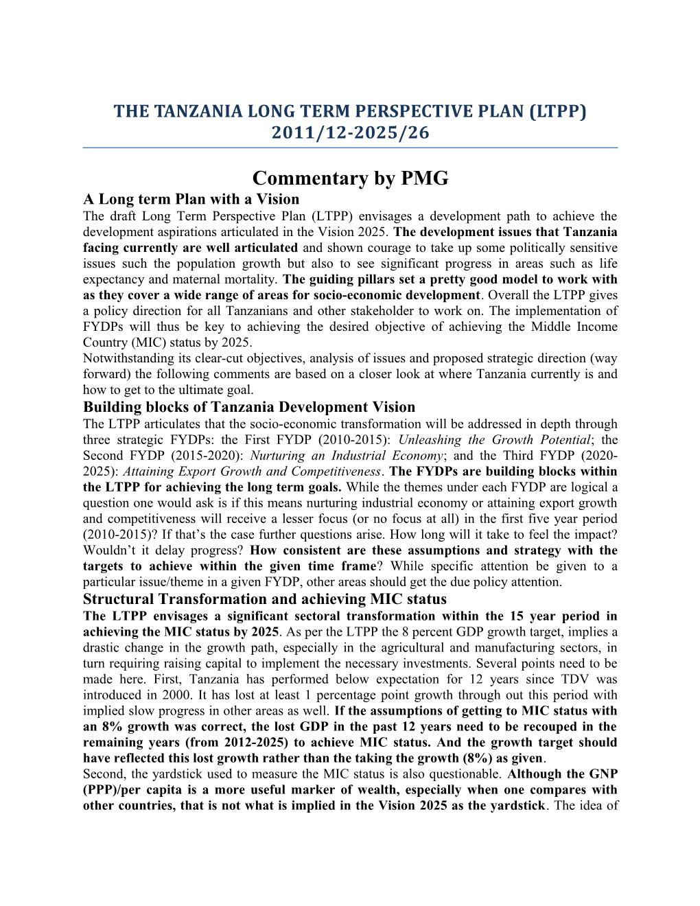 The Tanzania Long Term Perspective Plan (Ltpp) 2011/12-2025/26