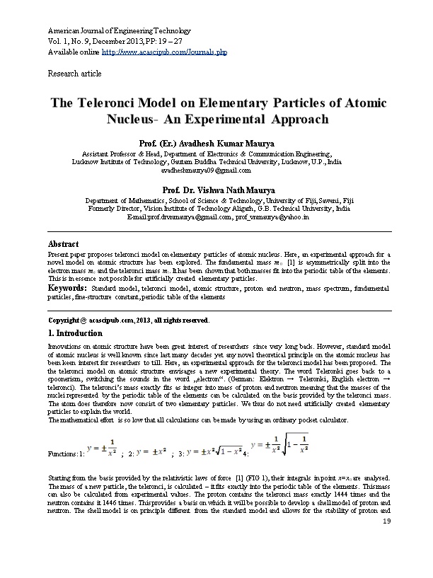 The Teleronci Model on Elementary Particles of Atomic Nucleus-An Experimental Approach
