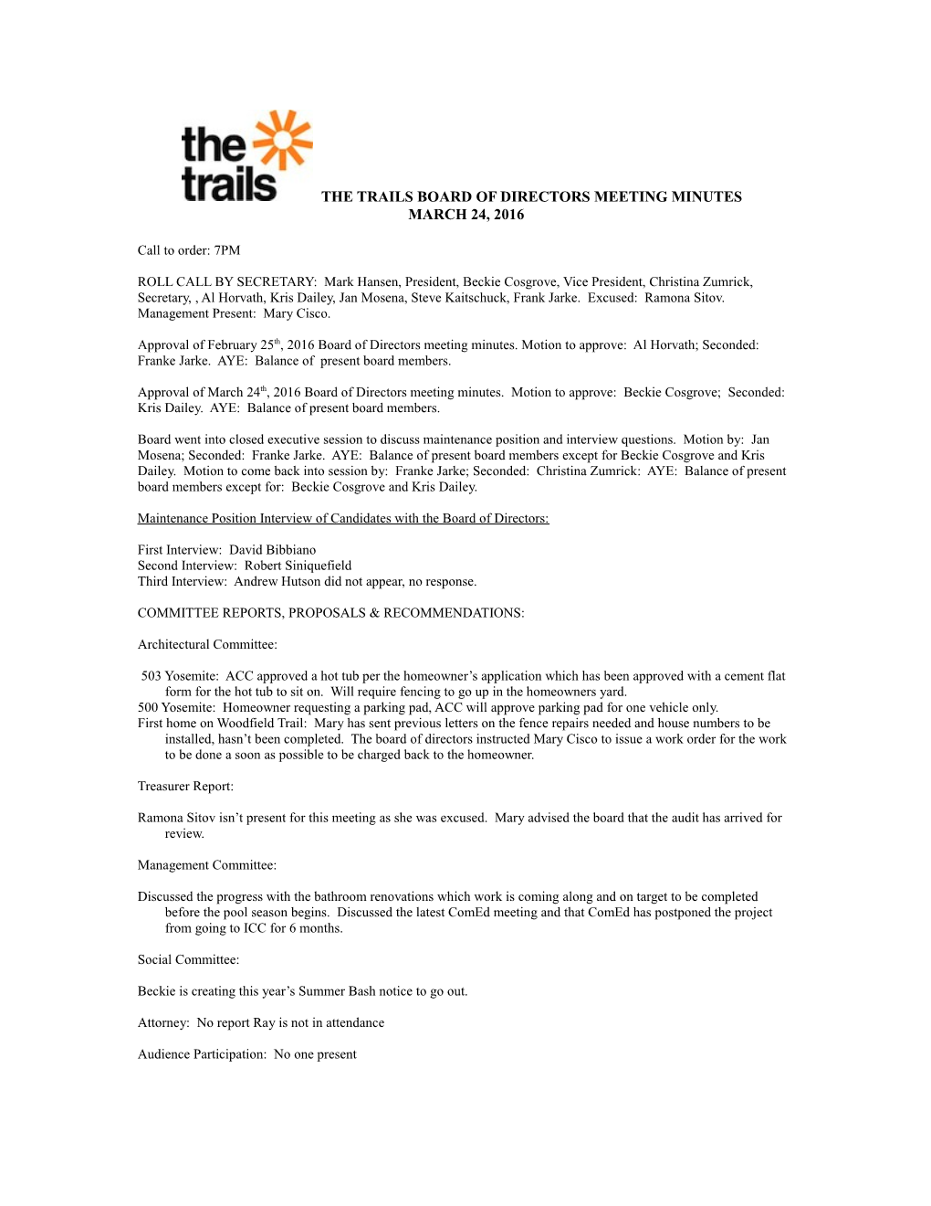The Trails Board of Directors Meeting Minutes