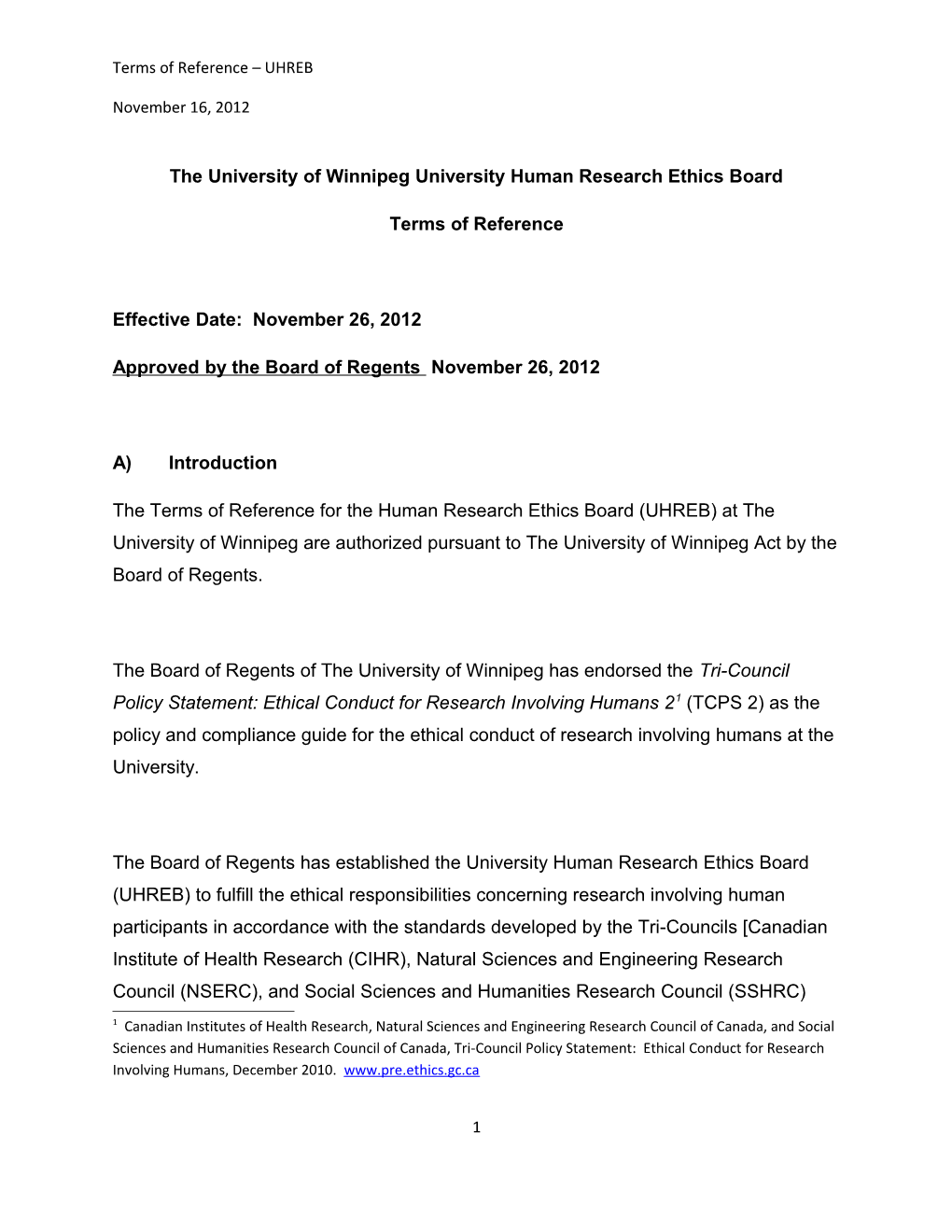 The University of Winnipeg University Human Research Ethics Board