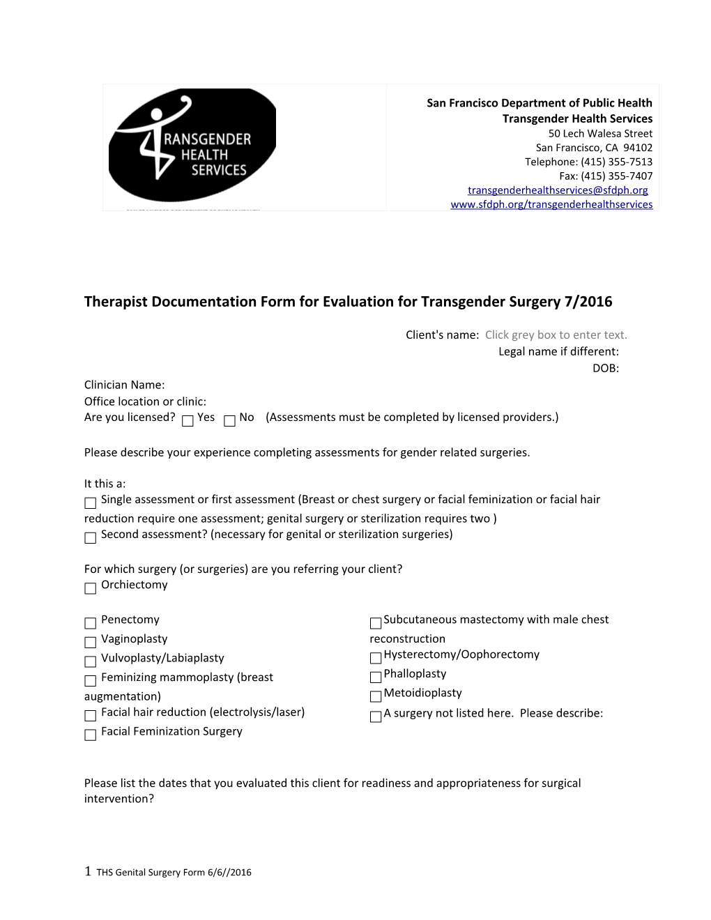 Therapist Documentation Form for Evaluation for Transgender Surgery 7/2016