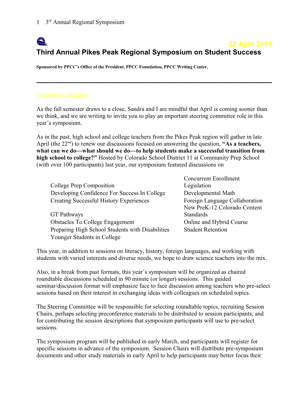 Third Annual Pikes Peak Regional Symposium on Student Success