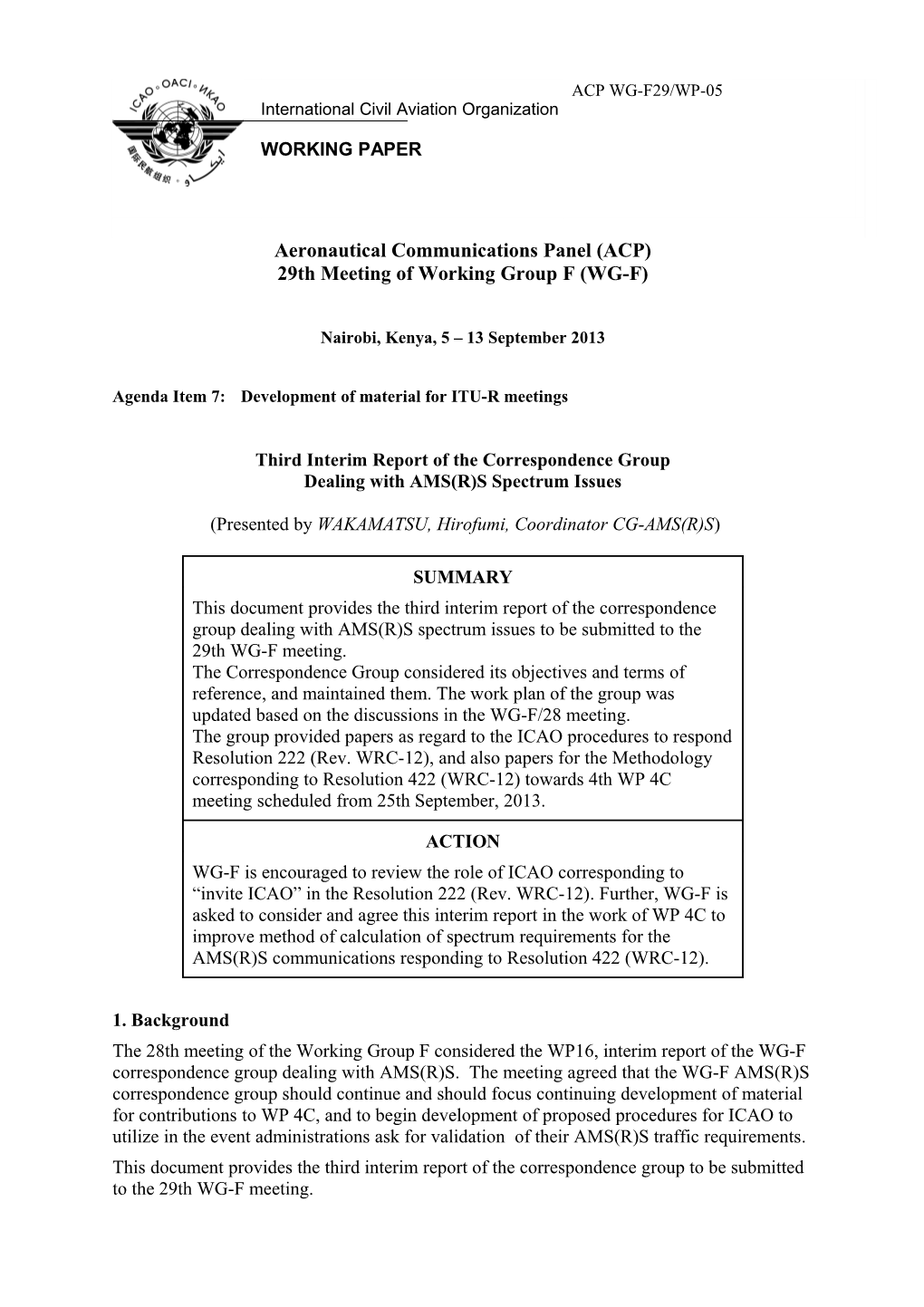 Third Interim Report of the Correspondence Group Dealing with AMS(R)S Spectrum Issues