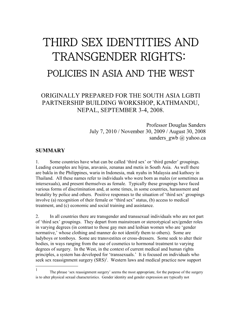 Third Sex Identities and Transgender Rights