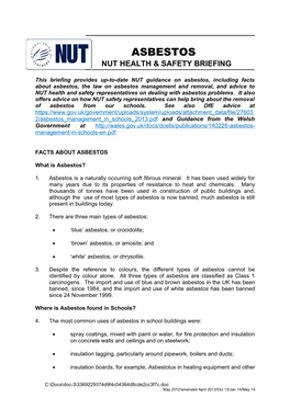 This Briefing Provides Up-To-Date NUT Guidance on Asbestos, Including Facts About Asbestos