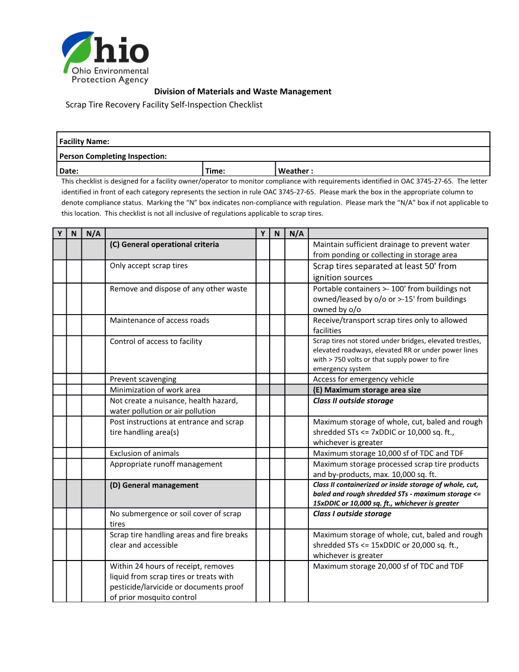 This Checklist Is Designed for a Facility Owner/Operator to Monitor Compliance with Requirements