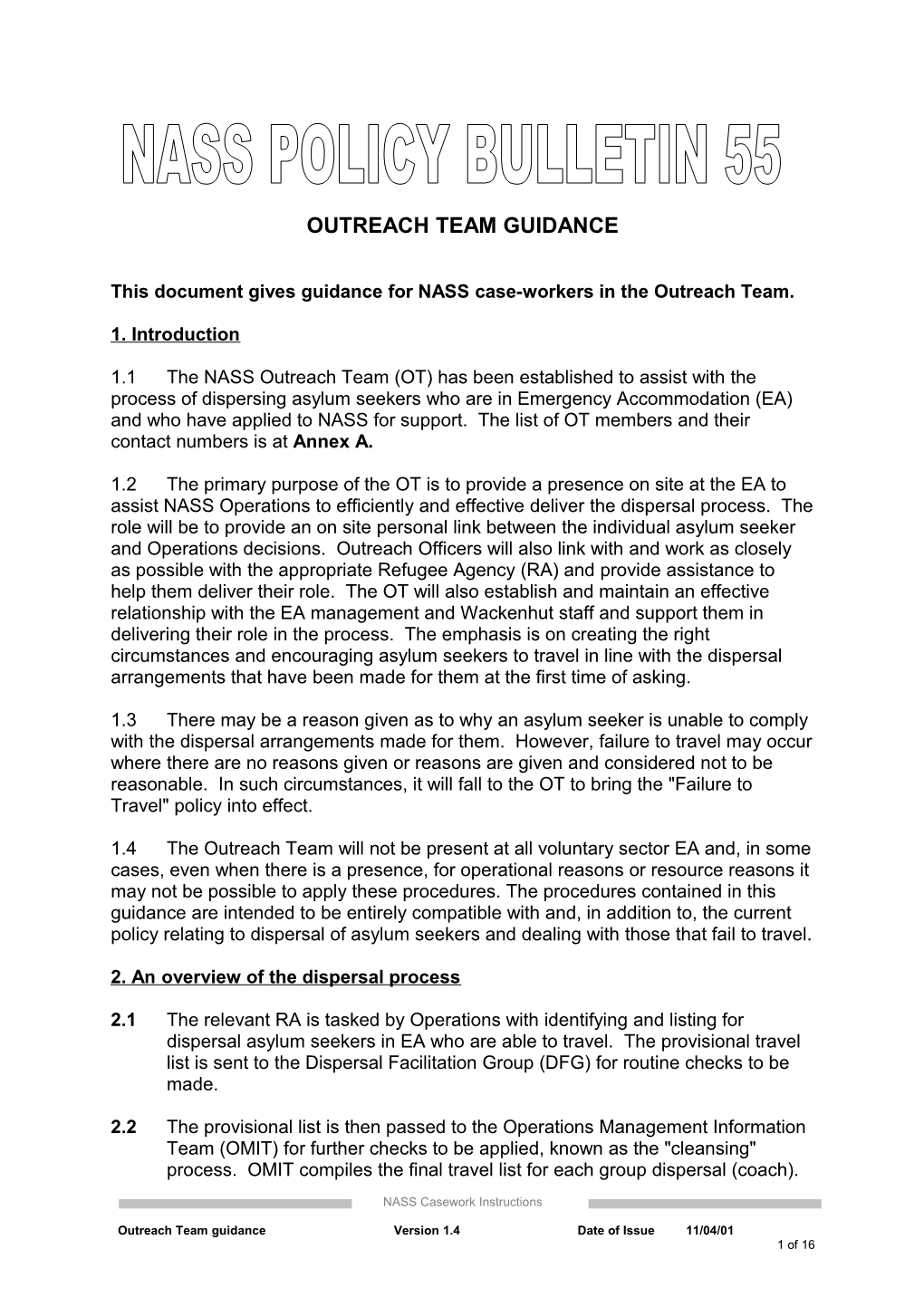 This Document Gives Guidance for NASS Case-Workers in the Outreach Team