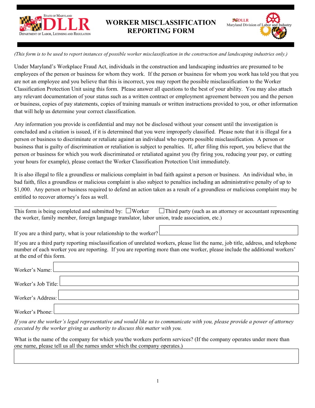 (This Form Is to Be Used to Report Instances of Possible Worker Misclassification in The