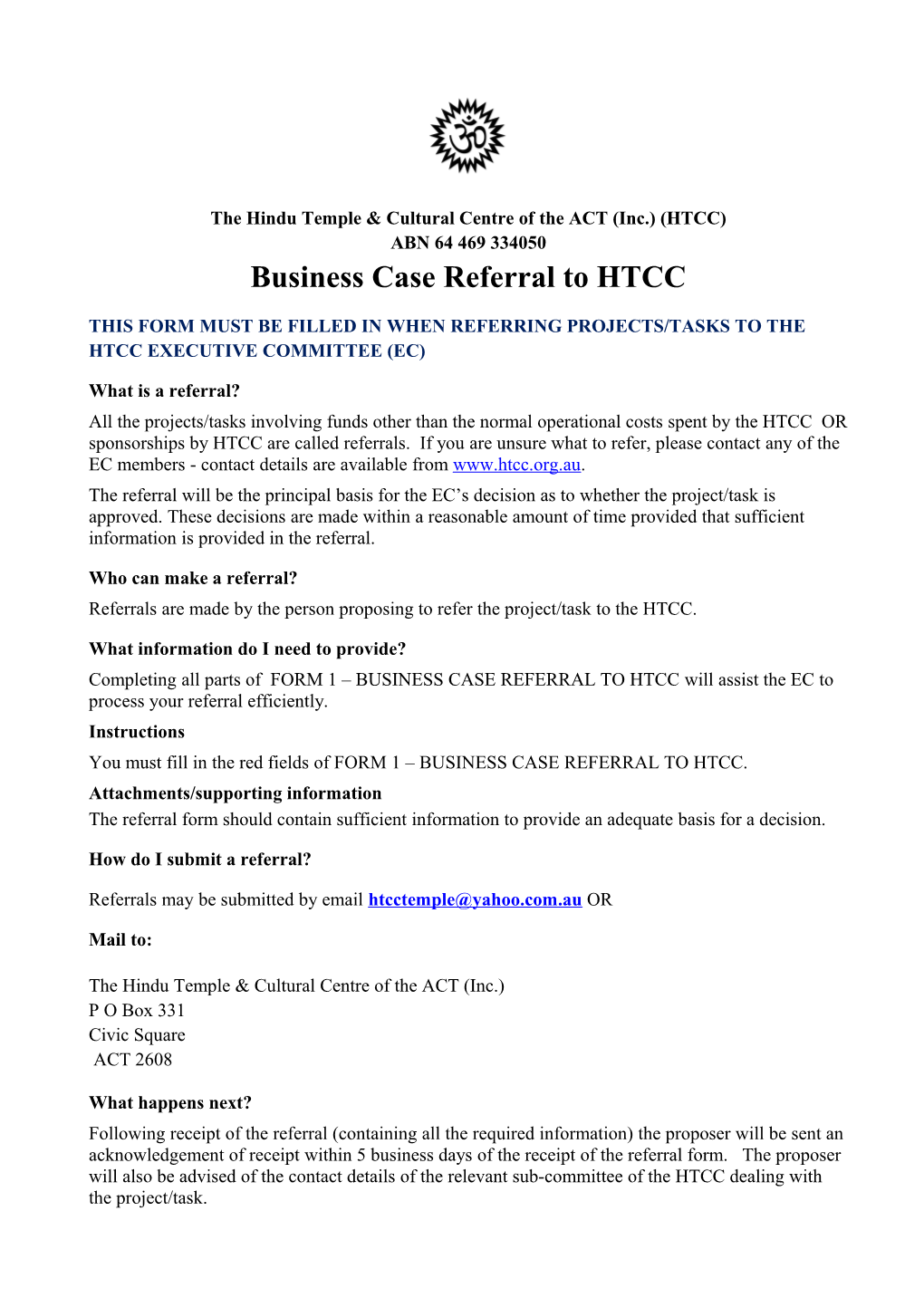 This Form Must Be Filled in When Referring Projects/Tasks to the Htcc Executive Committee (Ec)