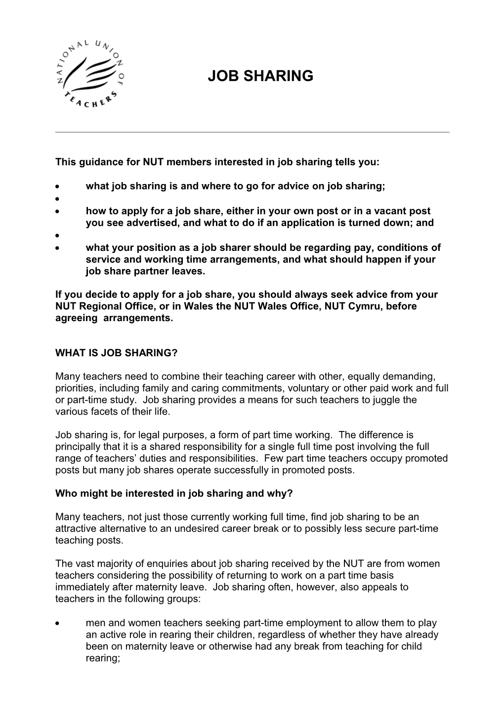 This Guidance for NUT Members Interested in Job Sharing Tells You