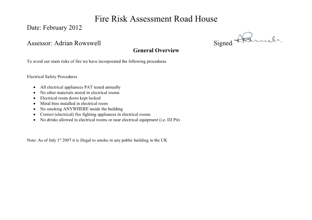 This Risk Assessment Has Been Produced Including the Following Hazards;