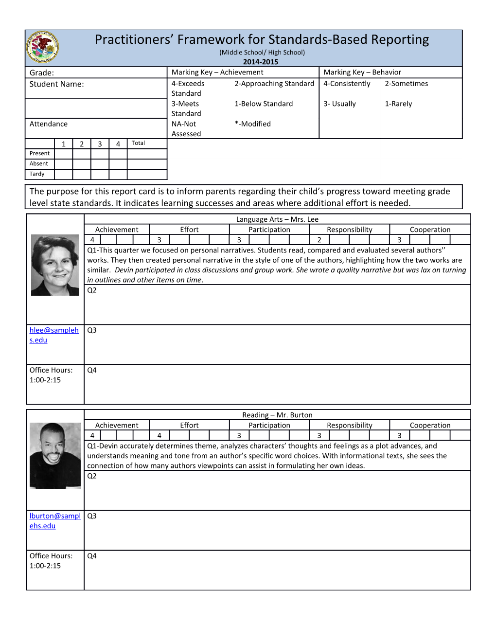 This Sample Is Based on an Example in Developing Standards-Based Report Cards by Tom R