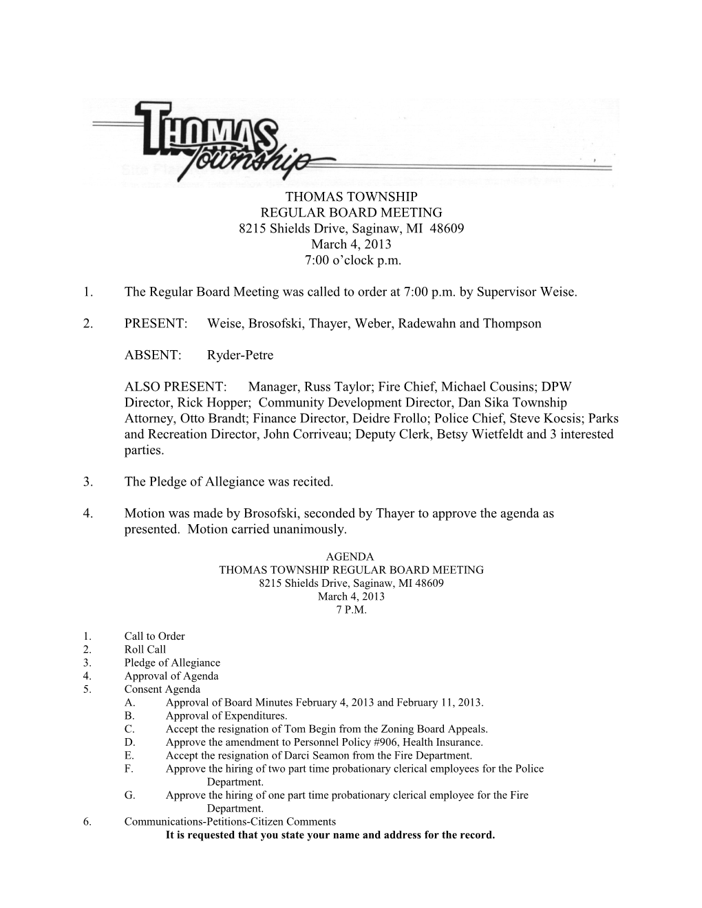 Thomas Township Board Meeting March 2013