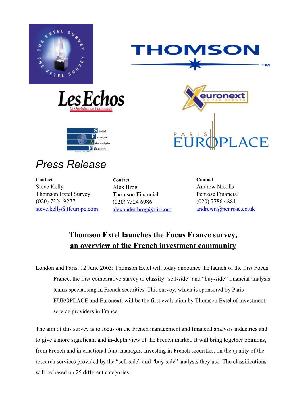 Thomson Extel Launches the Focus France Survey