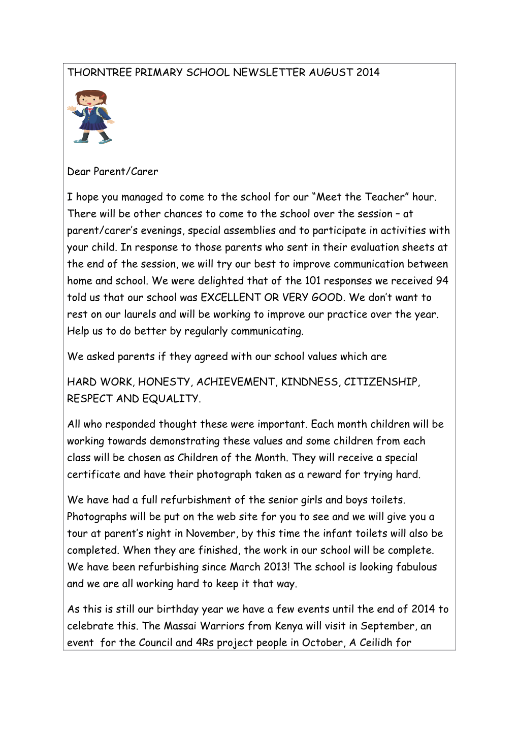 Thorntree Primary School Newsletter August 2014