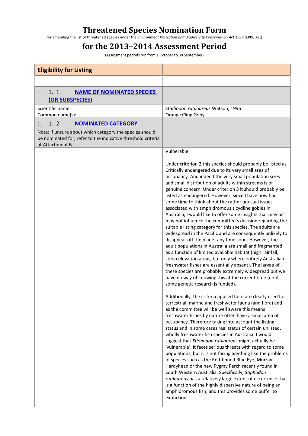 Threatened Species Nomination Form 2013 2014 (EPBC Act) - Stiphodon Rutilaureus