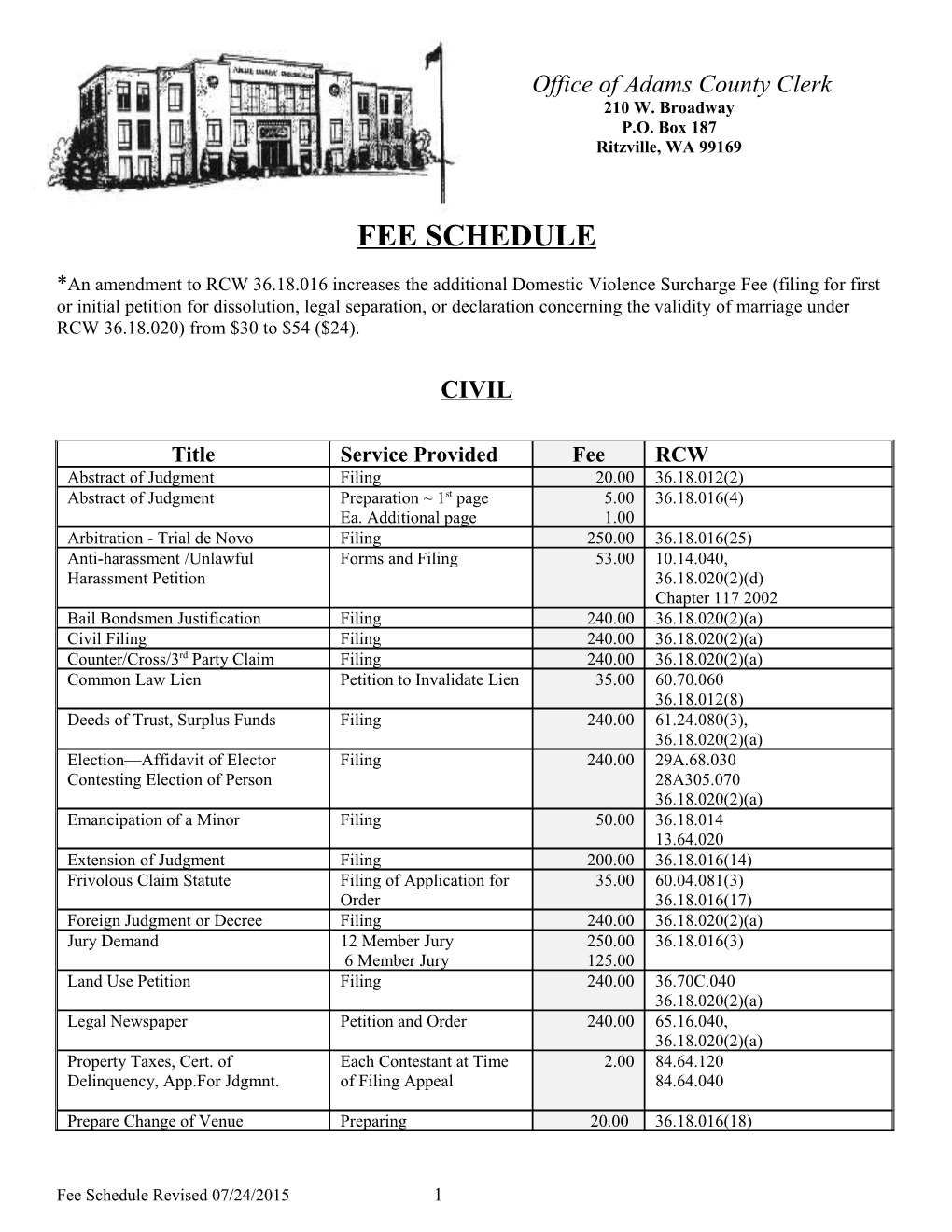 Thurston County Clerk's Fee Schedule