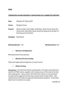 Tiddington Village Residents Association Full Committee Meeting