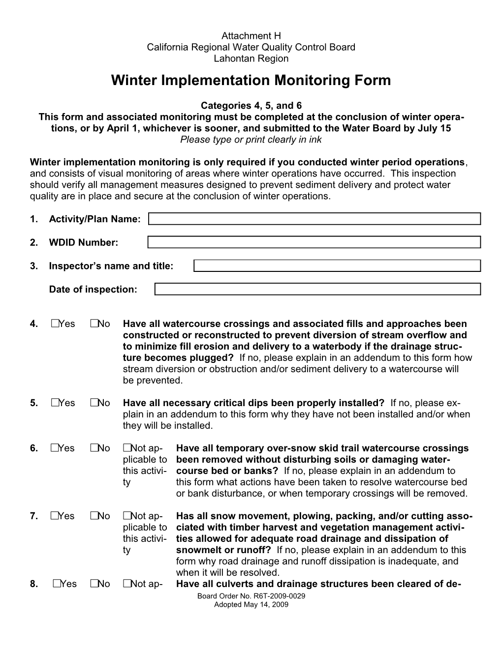 Timber Waiver Winter Implementation Monitoring Form (Categories4, 5And 6)Page 1 Of1