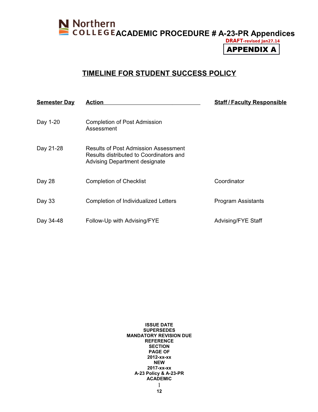 Timeline for Student Success Policy