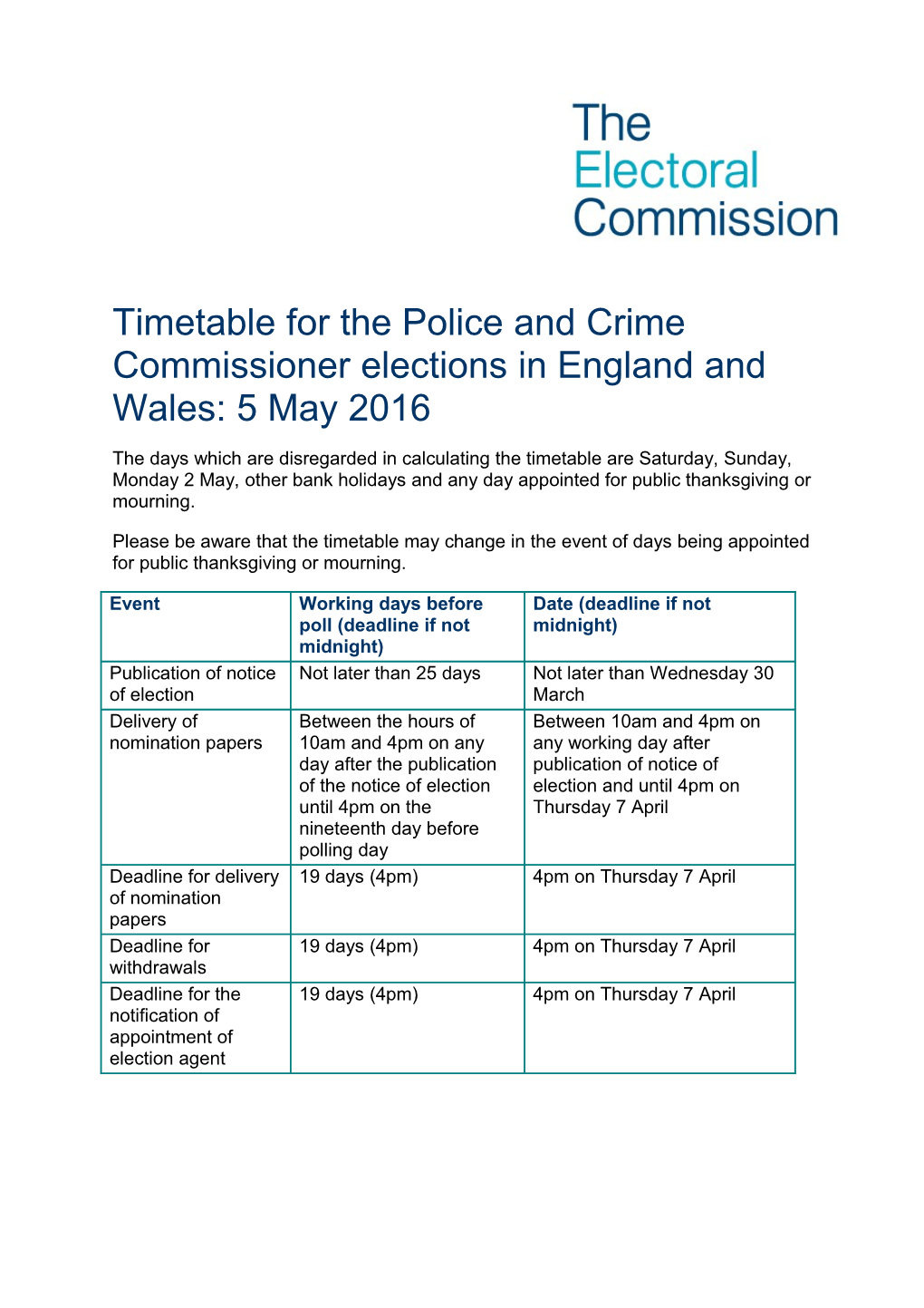 Timetable for the Police and Crime Commissioner Elections in England and Wales: 5 May 2016