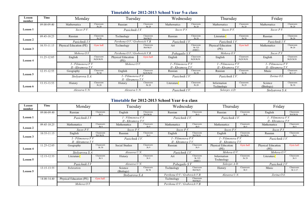 Timetable For2012-2013School Year 5-Aclass