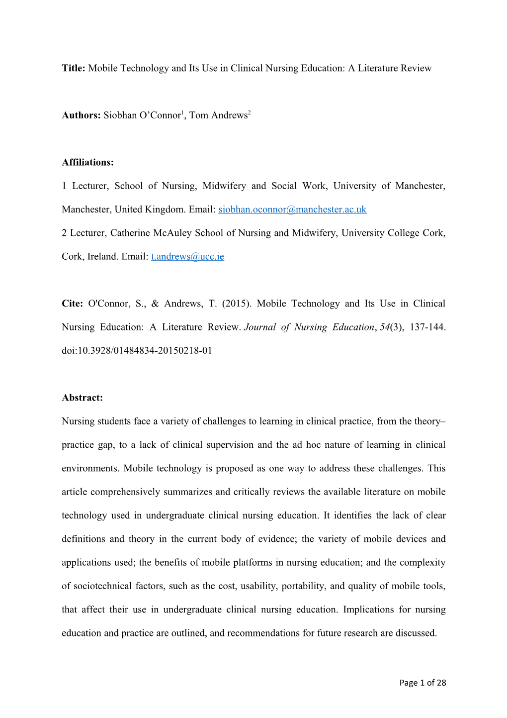 Title: Mobile Technology and Its Use in Clinical Nursing Education: a Literature Review