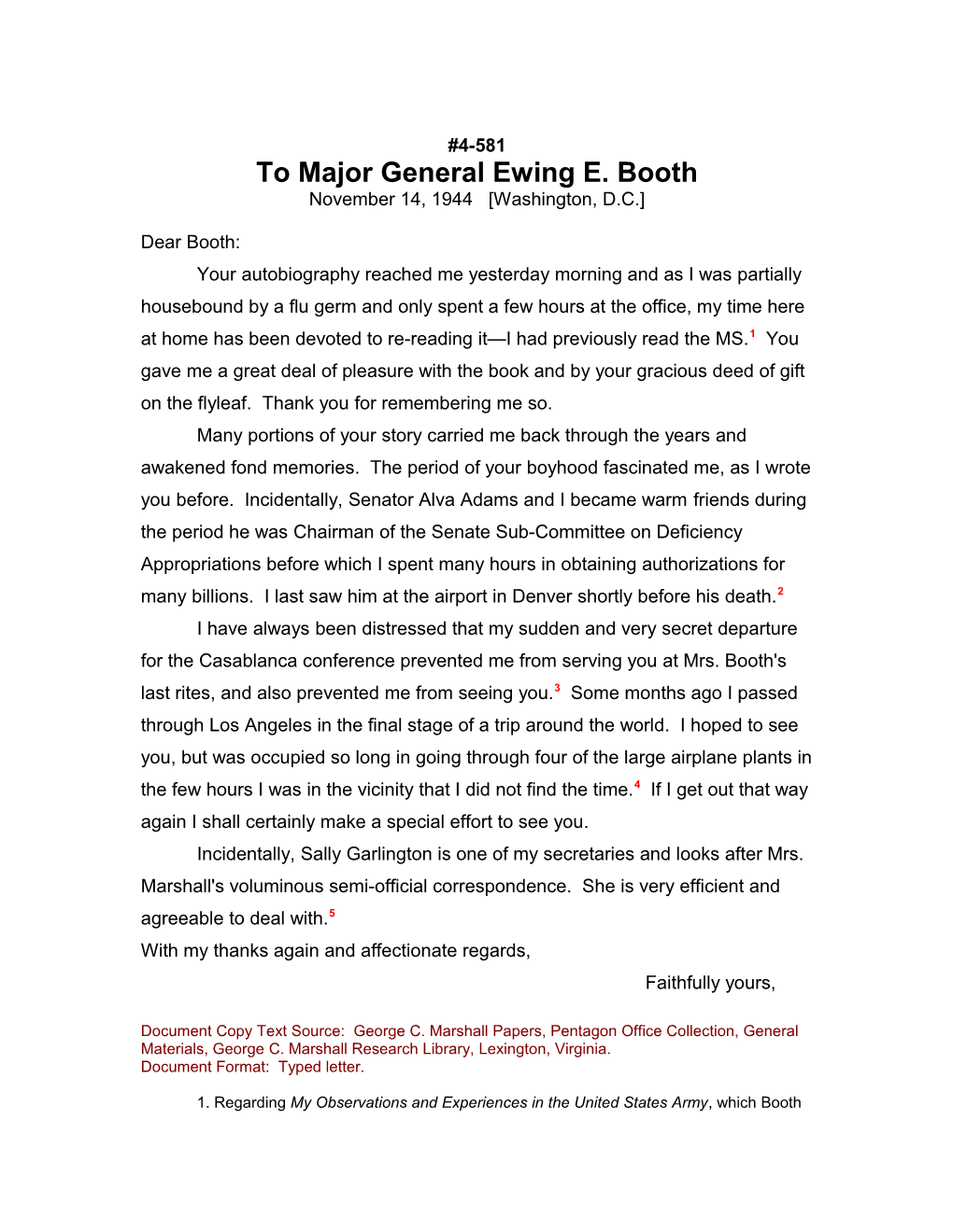To Major General Ewing E. Booth