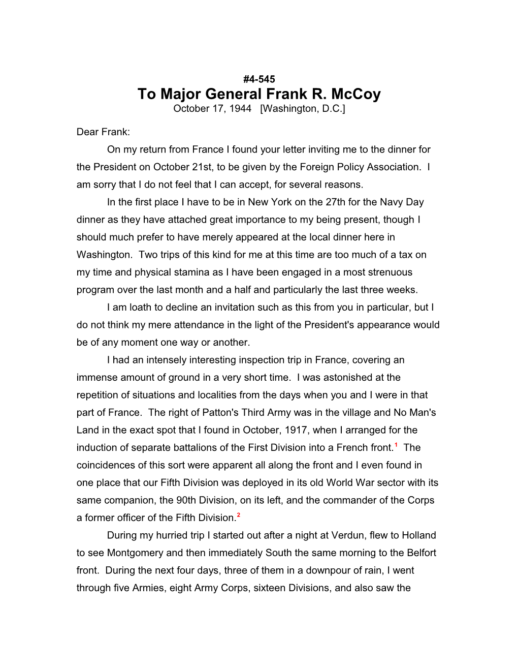 To Major General Frank R. Mccoy