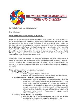 To: Territorial Youth and Children S Leaders
