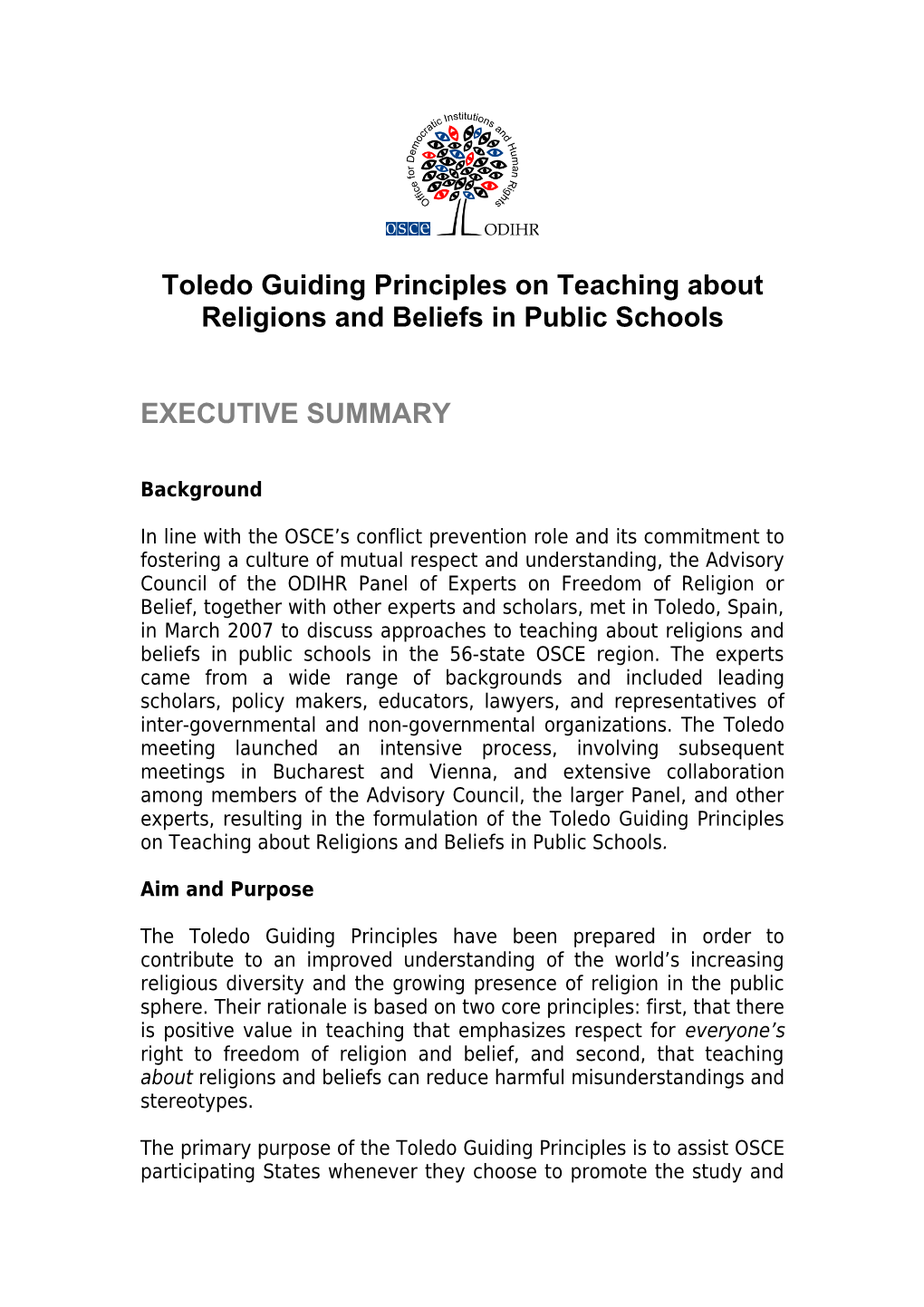 Toledo Guiding Principles on Teaching About Religions and Beliefs in Public Schools