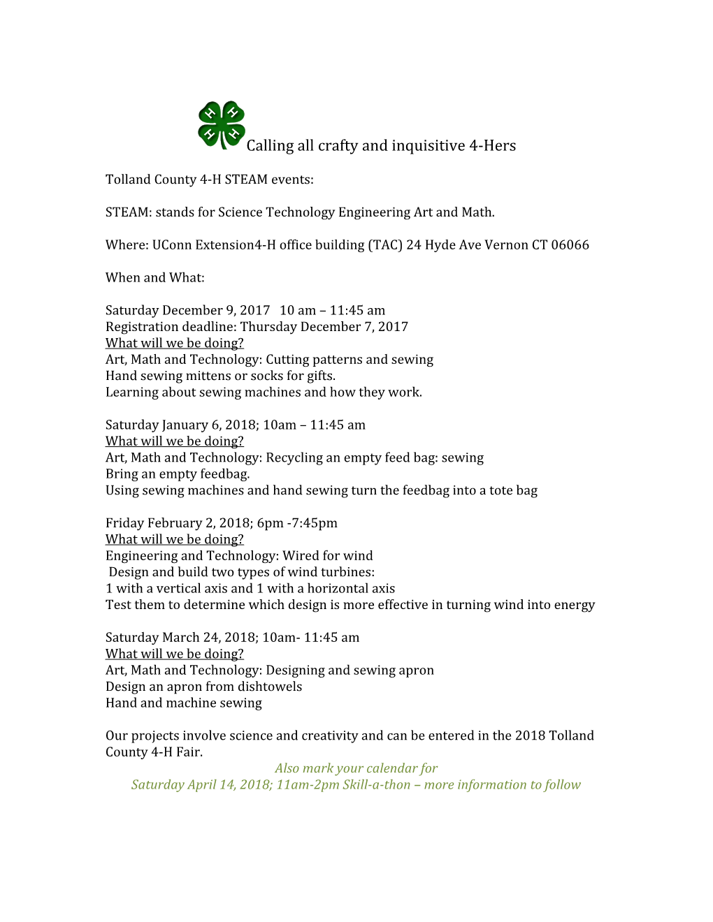 Tolland County 4-H STEAM Events
