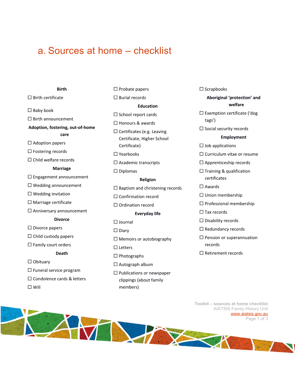 Toolkit - Sources at Home Checklist