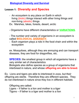 Topic 1: Biological Diversity and Survival