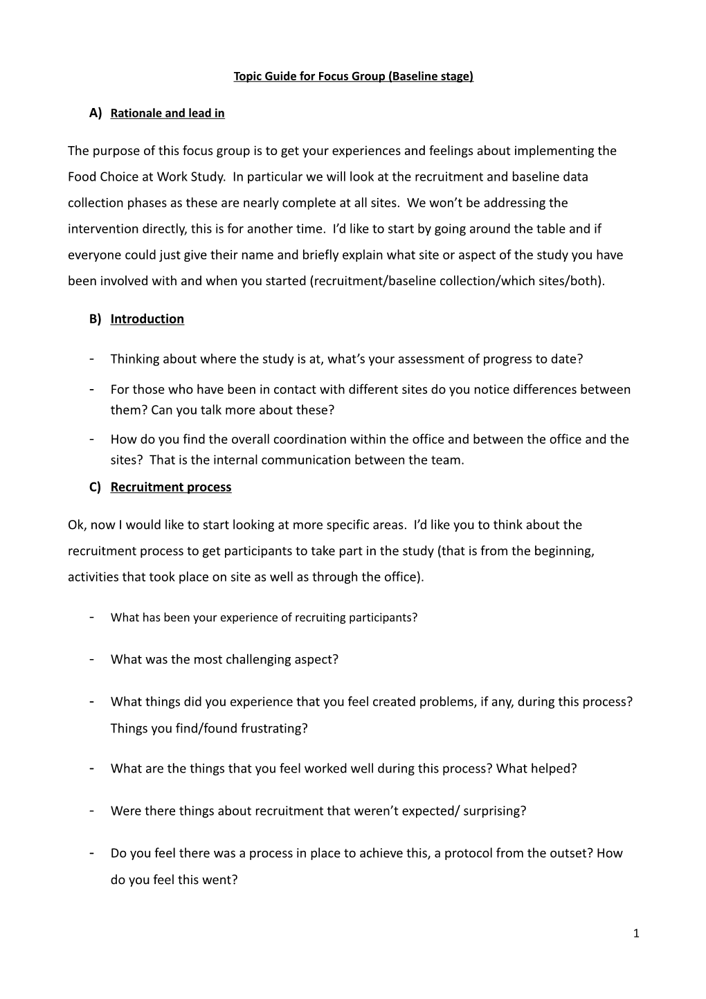 Topic Guide for Focus Group (Baseline Stage)