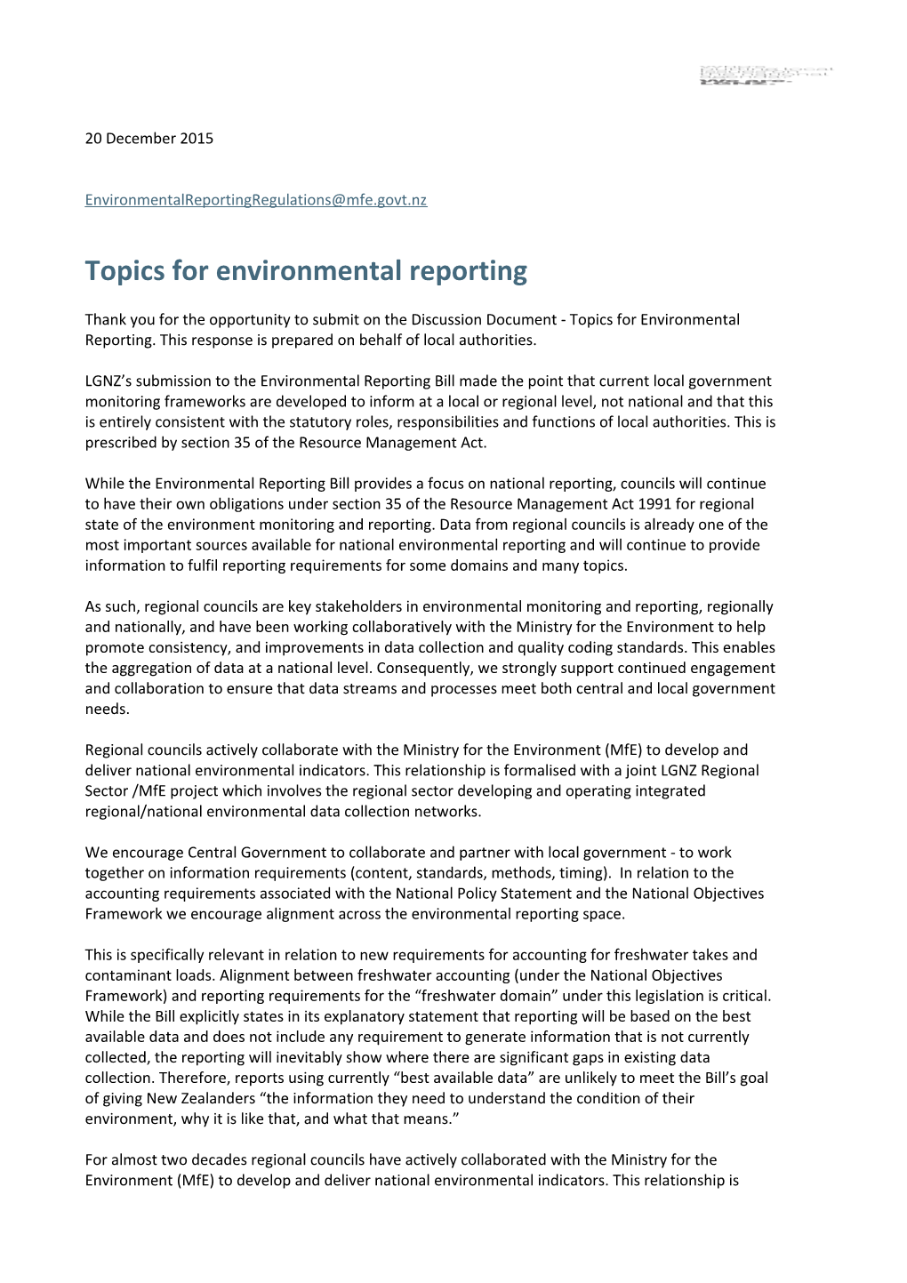 Topics for Environmental Reporting