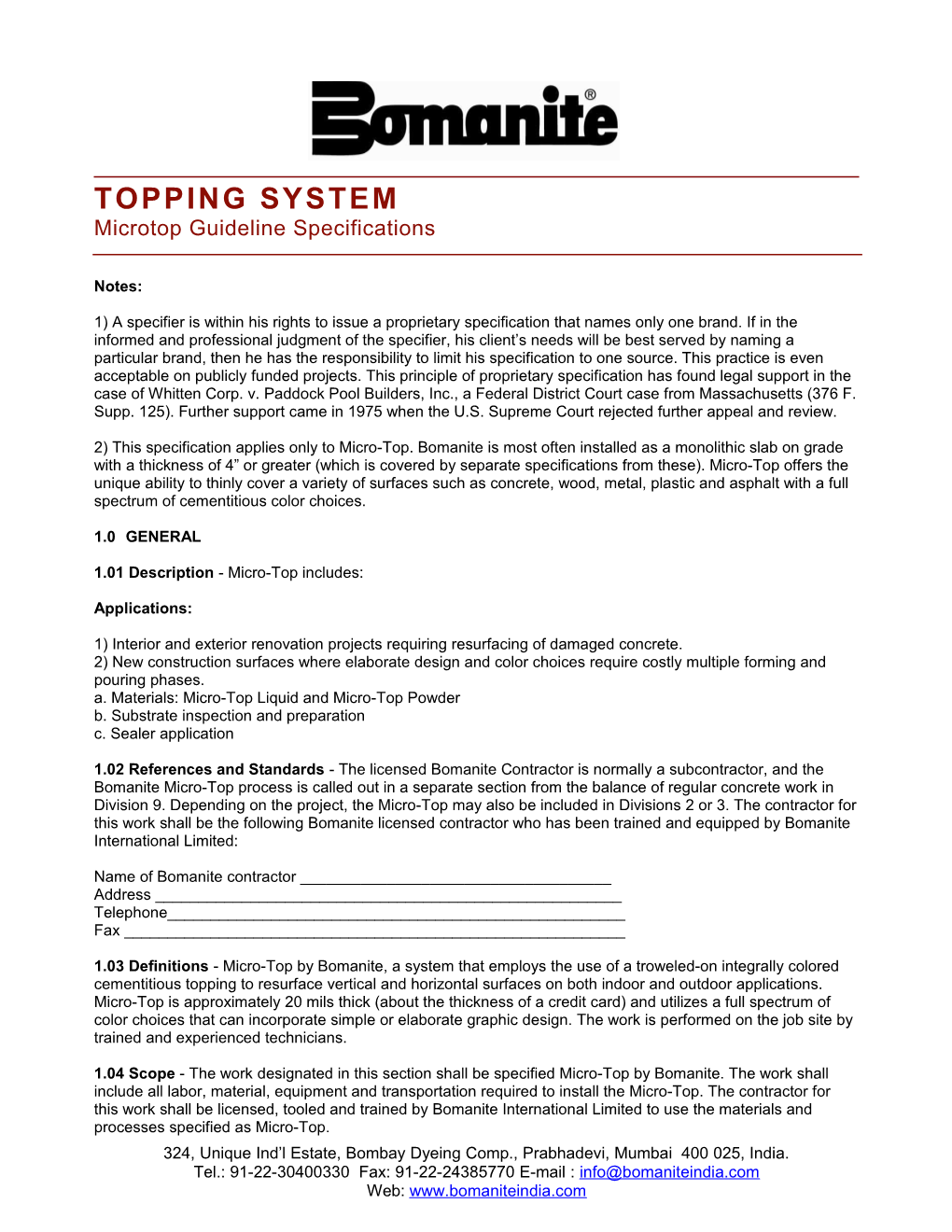 TOPPING SYSTEM Microtop Guideline Specifications
