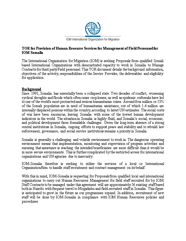TOR for Provision of Human Resource Services for Management of Field Personnel for IOM Somalia