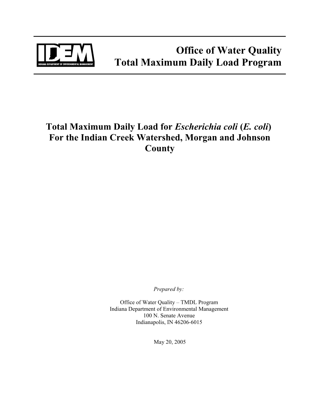 Total Maximum Daily Load for Escherichia Coli (E. Coli)