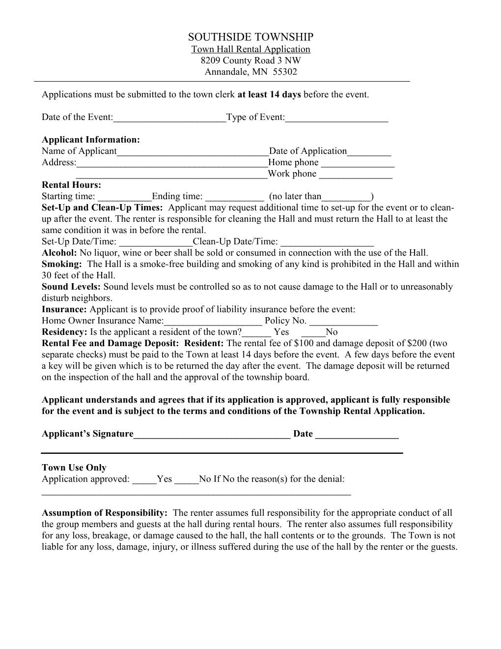 Town Hall Rental Application