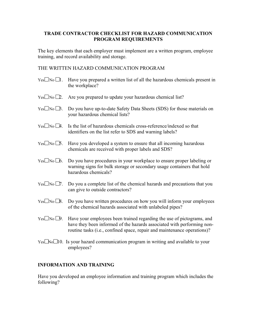 Trade Contractor Checklist for Hazard Communication Program Requirements