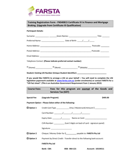 Training Registration Form - Fns40815certificate IV in Finance and Mortgage Broking (Upgrade