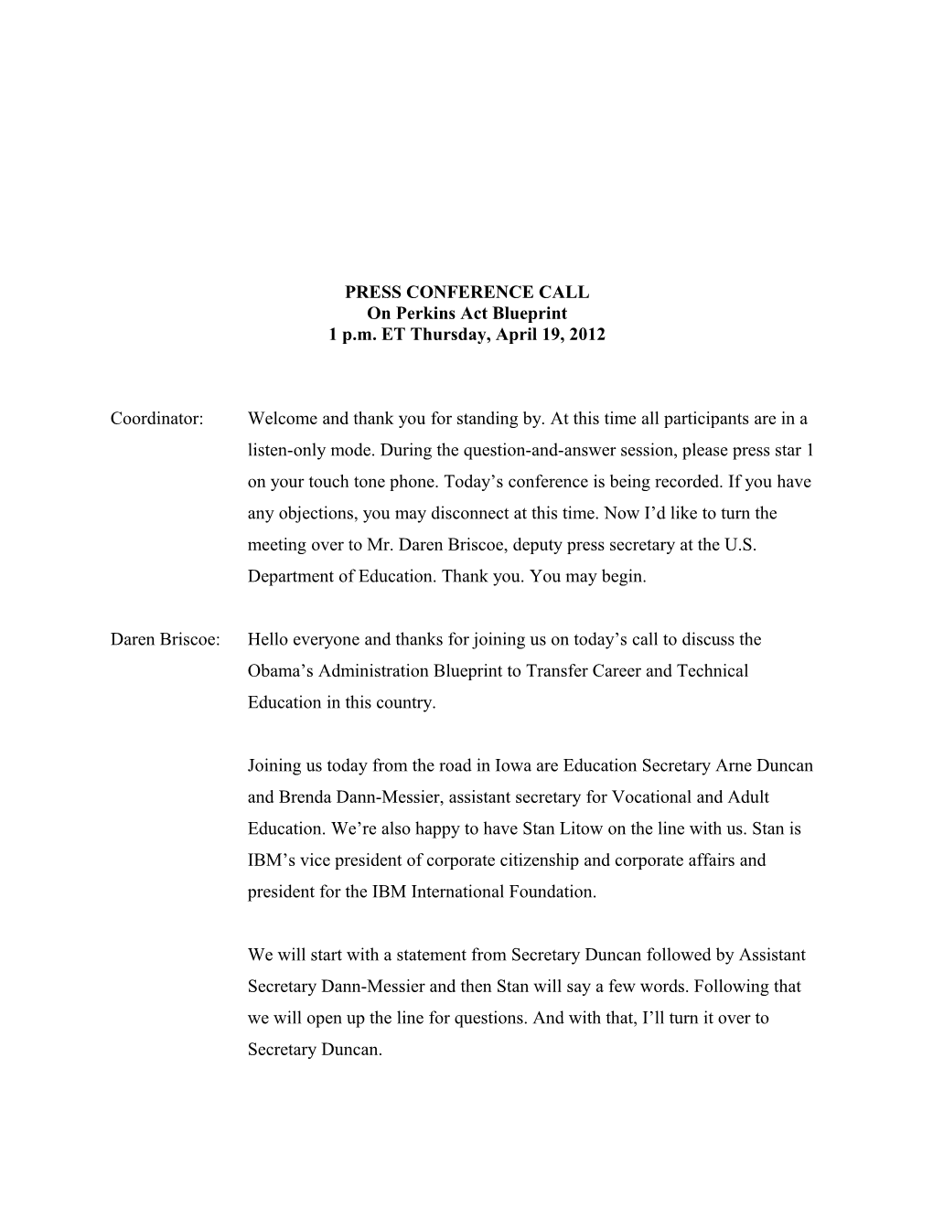 Transcript: Press Conference Call on Perkins Act Blueprint April 19, 2012 (MS Word)